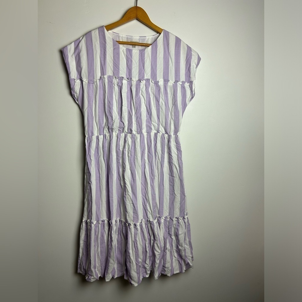 Cremieux L Striped Ruffle Bottom Short sleeve purple Classic Old money Mid dress